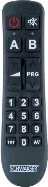 A black remote control with buttons for volume, channel selection, and AV options, brand 'Schwaiger'.