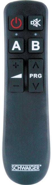 Remote control with six buttons, including On/Off, volume control, A/B switching, and programme selection. Branding: Schwaiger.