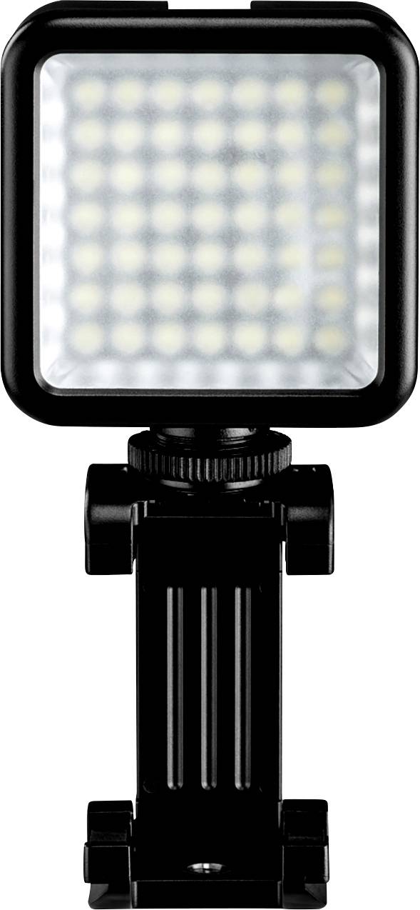 A compact, square LED light in a black housing with an adjustable mount, for photography or video recording.