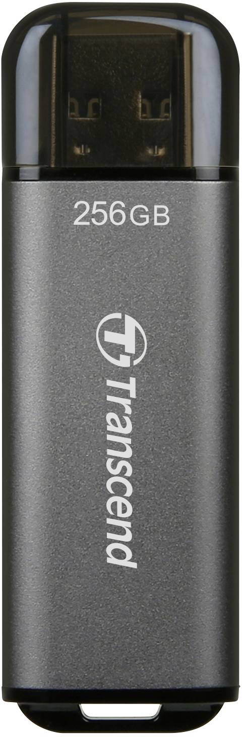 A USB stick labelled '256GB' and 'Transcend', with a black casing, a storage device for saving data.