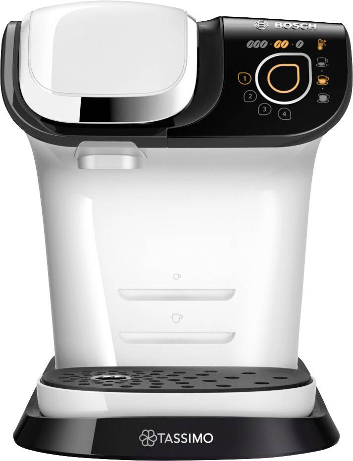 A modern white coffee machine with a black control panel and multiple button options. 'Tassimo' and 'Bosch' branding visible.