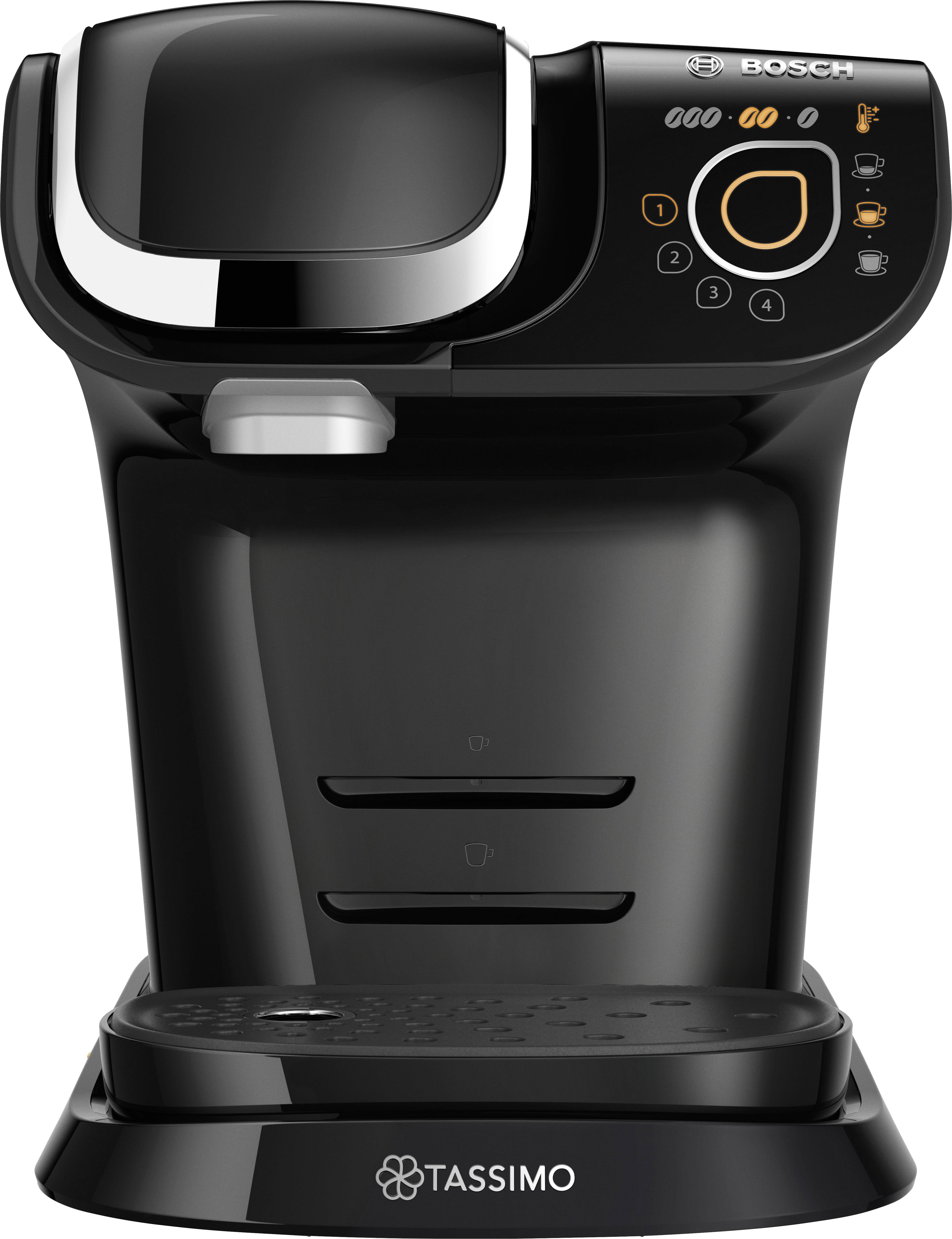 A black Tassimo coffee machine with a control panel and buttons for drink selection, sits on a table.
