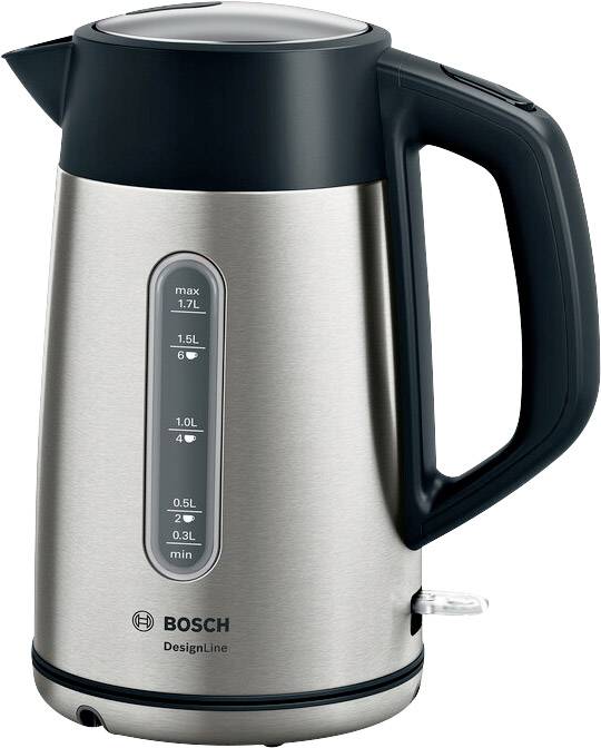 A silver kettle with a black handle and lid. On the side is a water level indicator ranging from 0.3 to 1.7 litres.