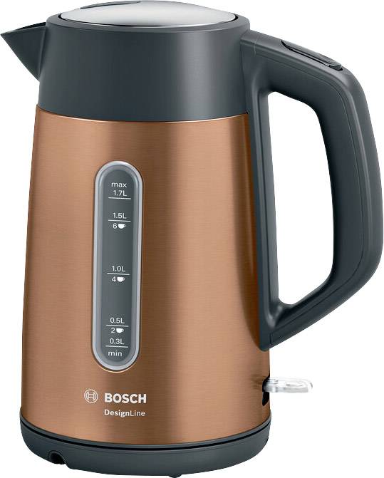 A copper-coloured kettle by Bosch with a water level indicator on the side. Capacity up to 1.7 litres.