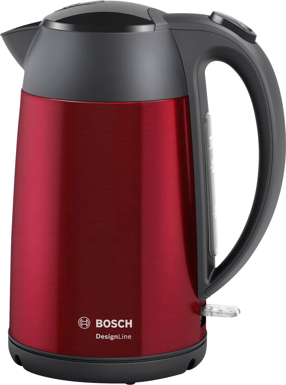 Red kettle with a black handle by Bosch, DesignLine model. Designed for quick water heating.