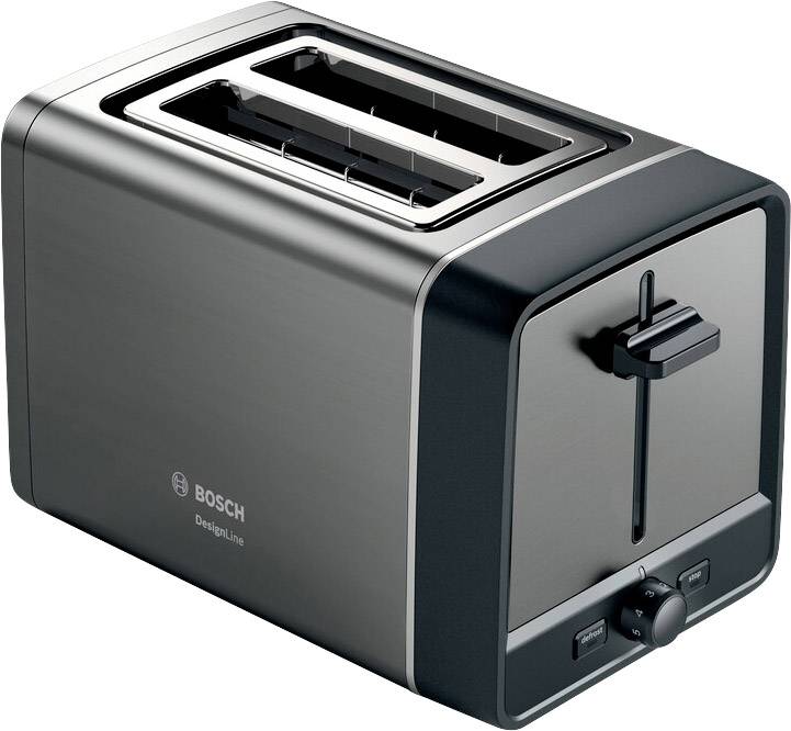 A modern black toaster with two slots and a dial for adjusting the browning level. Brand visible on the side.