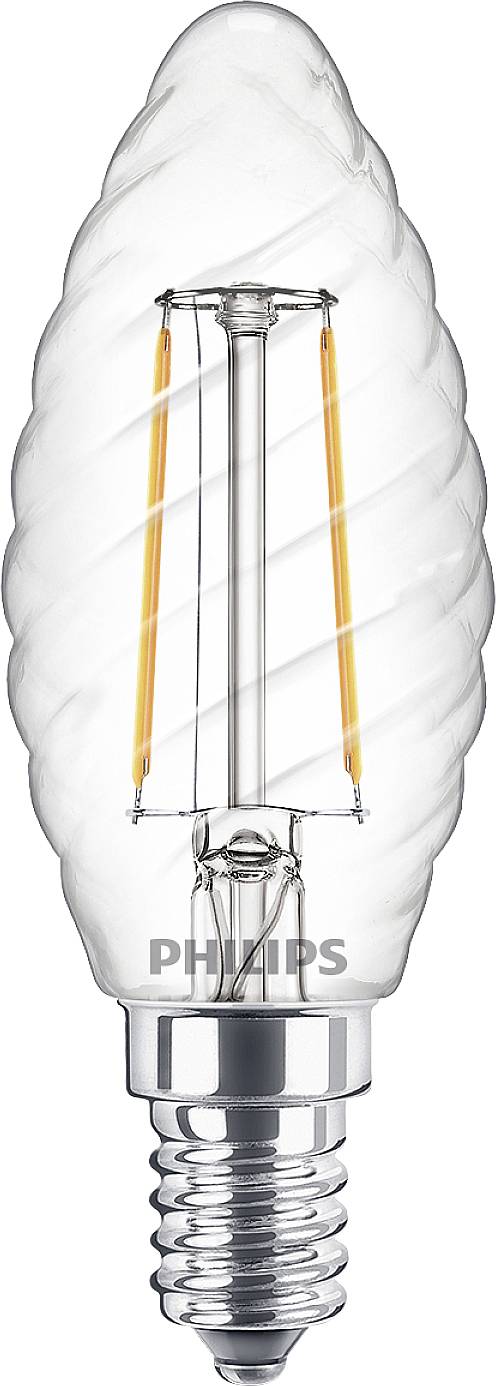 A flame-shaped LED light bulb with visible filament and E14 fitting, perfect for decorative lighting effects.