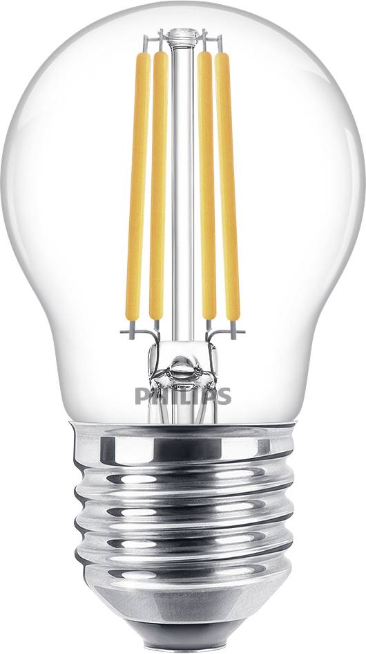 LED light bulb in a classic bulb shape with visible yellow filaments and a silver base.