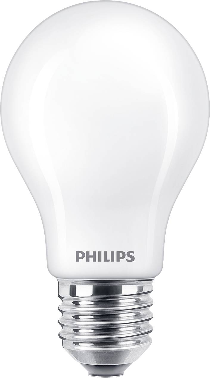 A white light bulb, Philips brand, with a screw base, isolated on a white background.