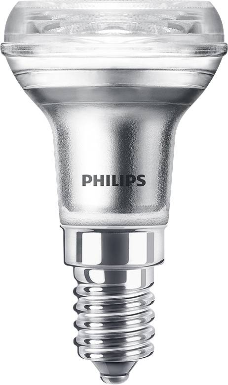 Philips LED lamp with a silver housing and E14 socket, suitable for energy-efficient lighting in homes and offices.