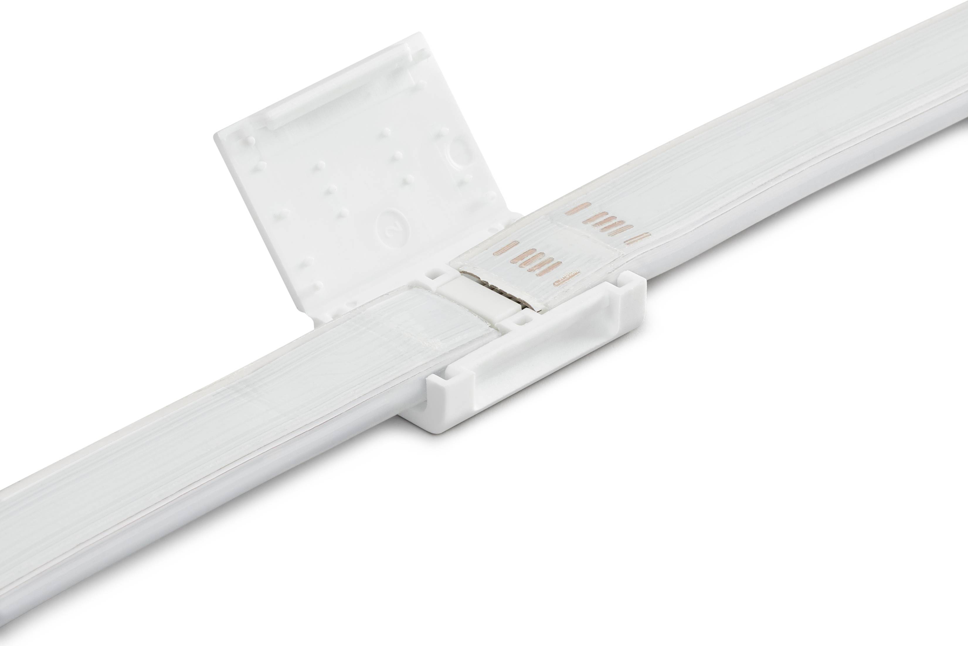 A white LED light strip connector with an open cover, revealing the connection terminals.