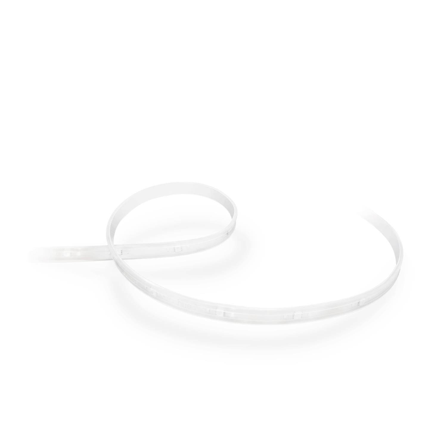 A white, flexible LED light strip is loosely coiled on a white background.
