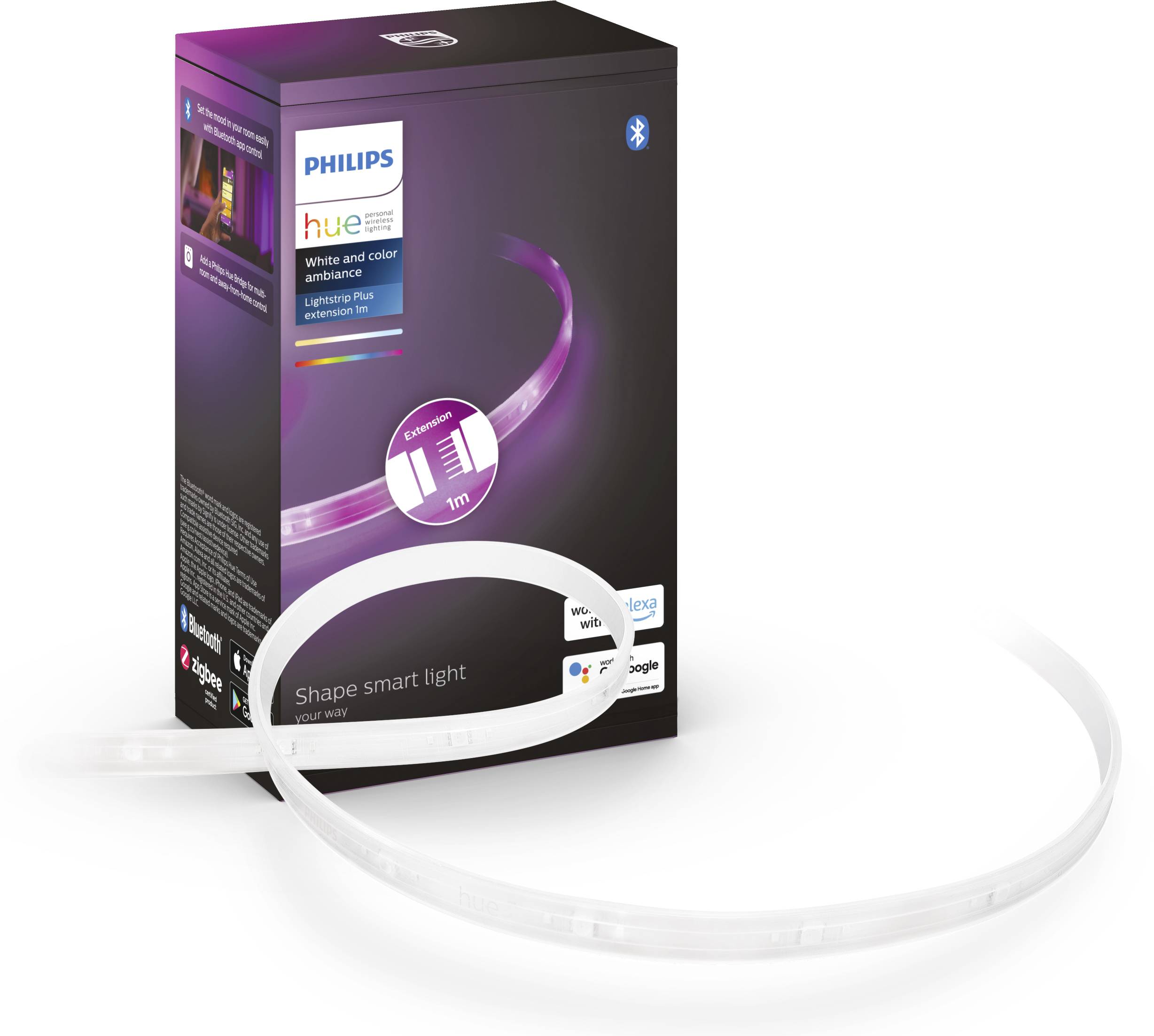 A Philips Hue LED light strip next to its packaging. The packaging displays the product logo and Bluetooth compatibility.
