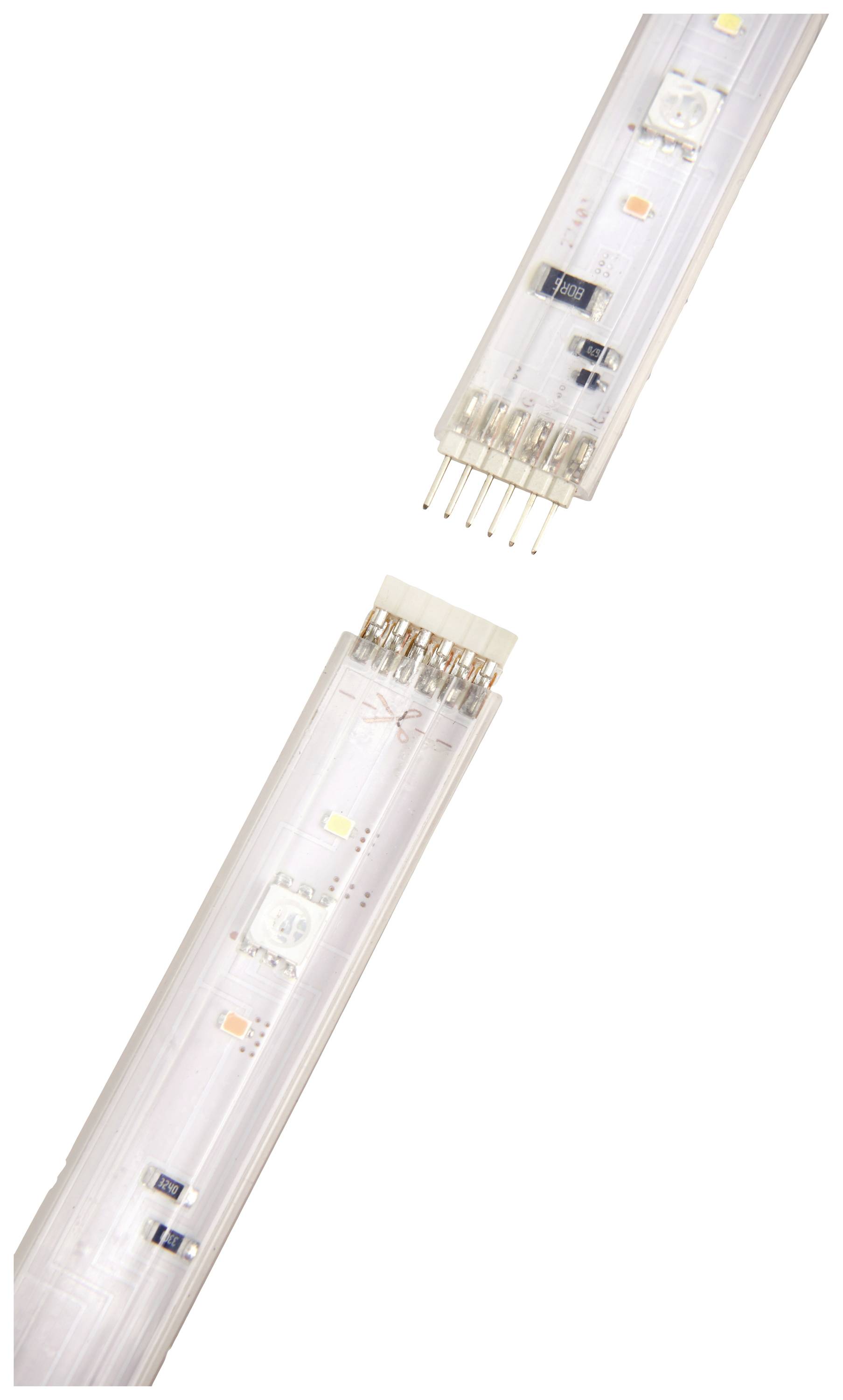 Two LED lights with clear covers that reveal electronic components and connections.