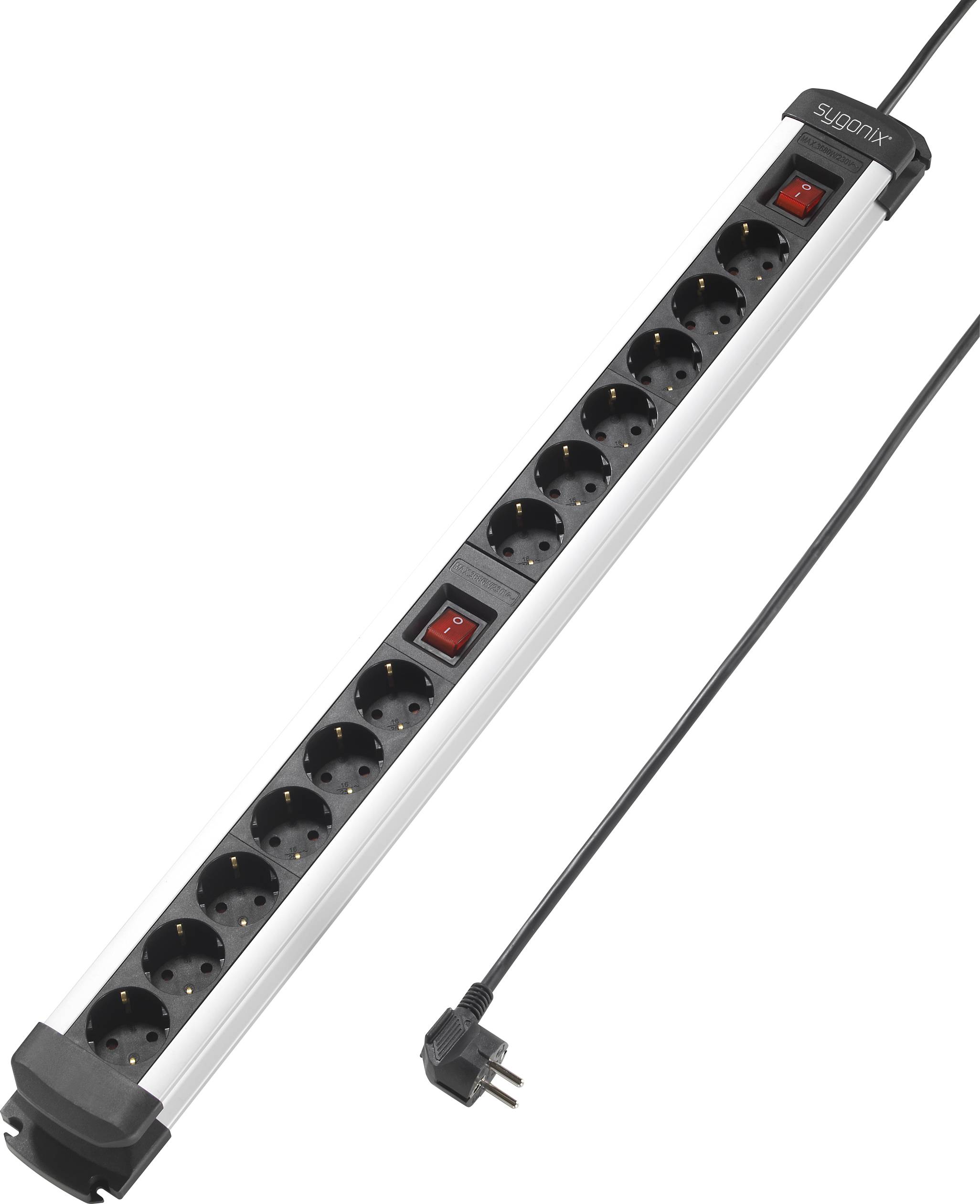 Power strip with twelve sockets and two red switches, black cable with Schuko plug, silver casing.