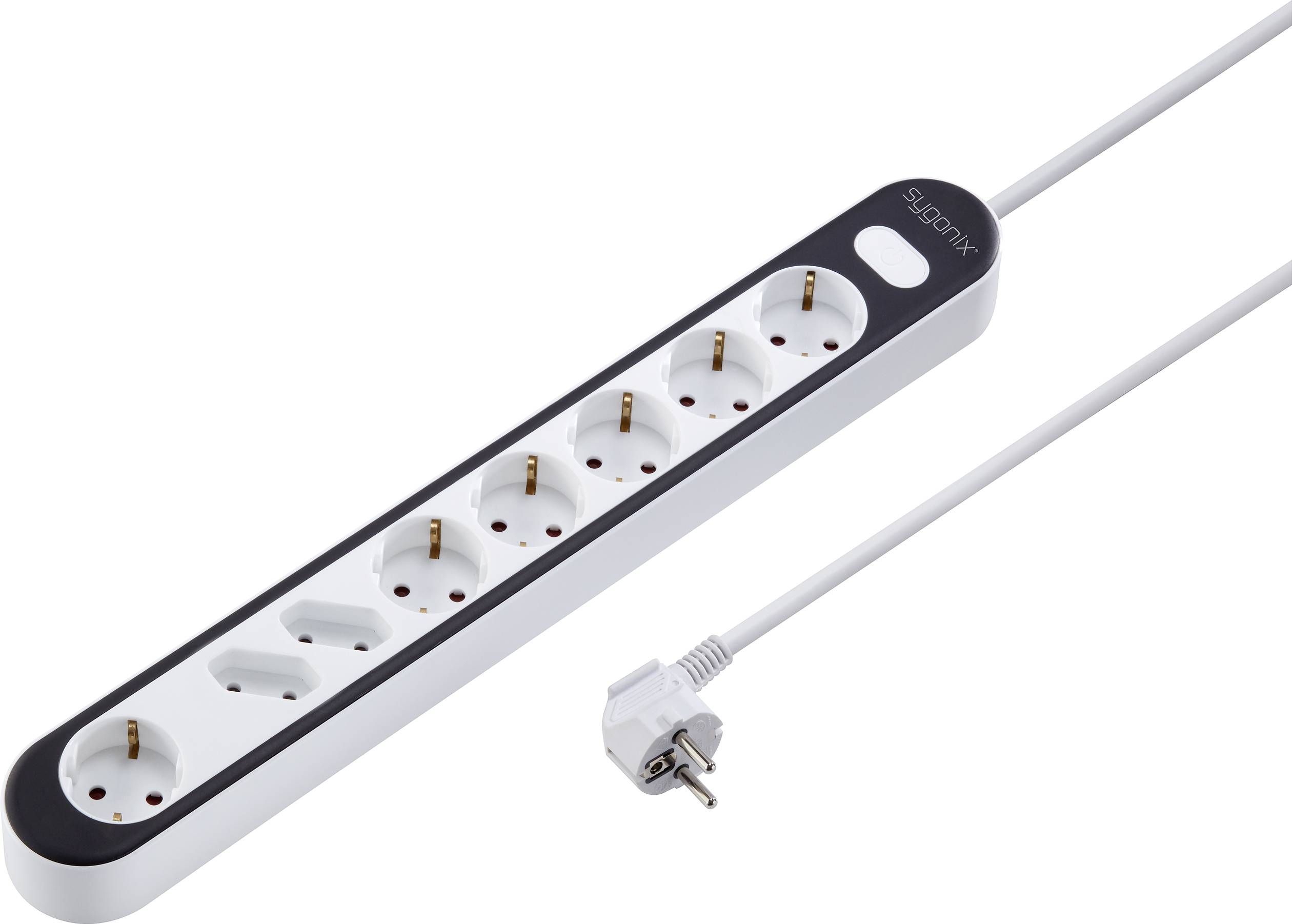 Six-way power strip with a white cable and a black border. The sockets are suitable for Euro and Schuko plugs.