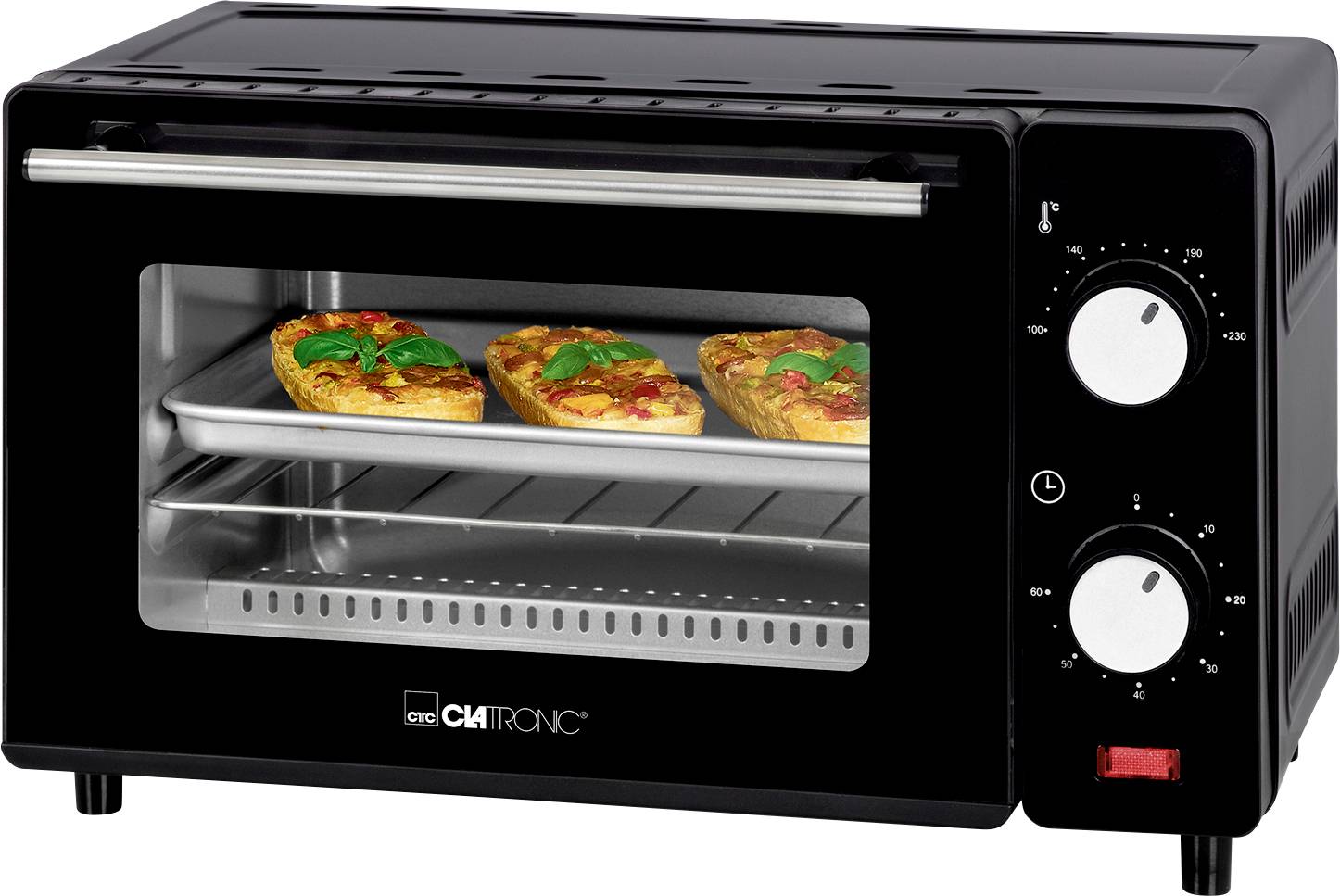 Black small oven with a glass panel, with two slices of pizza on a baking tray inside. Two rotary knobs on the right-hand side.
