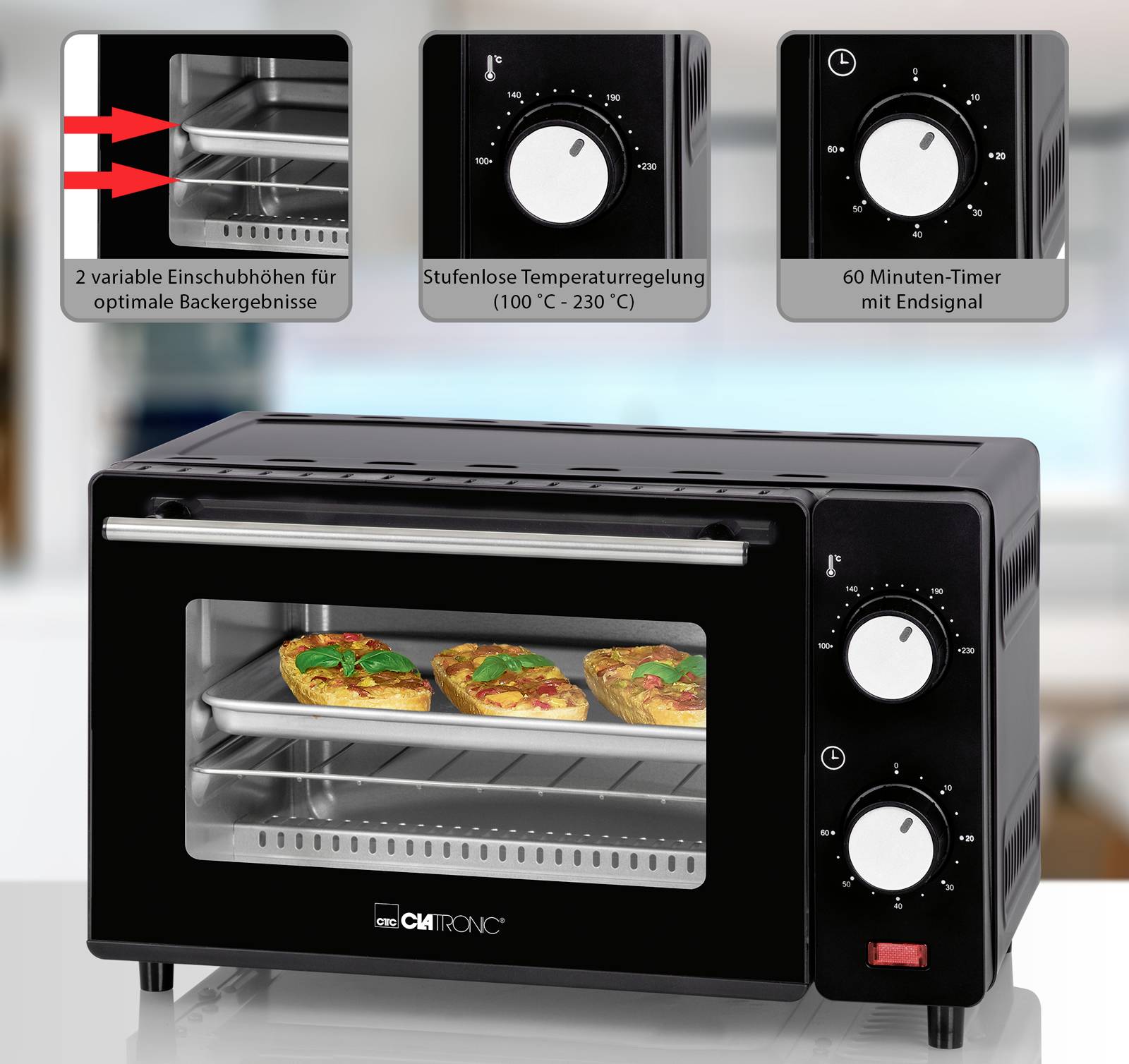 Small oven with two shelf heights. Temperature setting 100°C-230°C, 60-minute timer. Three pizzas are being baked.