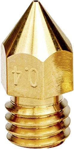 A close-up of a golden, metallic nozzle with an engraving '0.4', suitable for a 3D printer. Spiral thread visible.