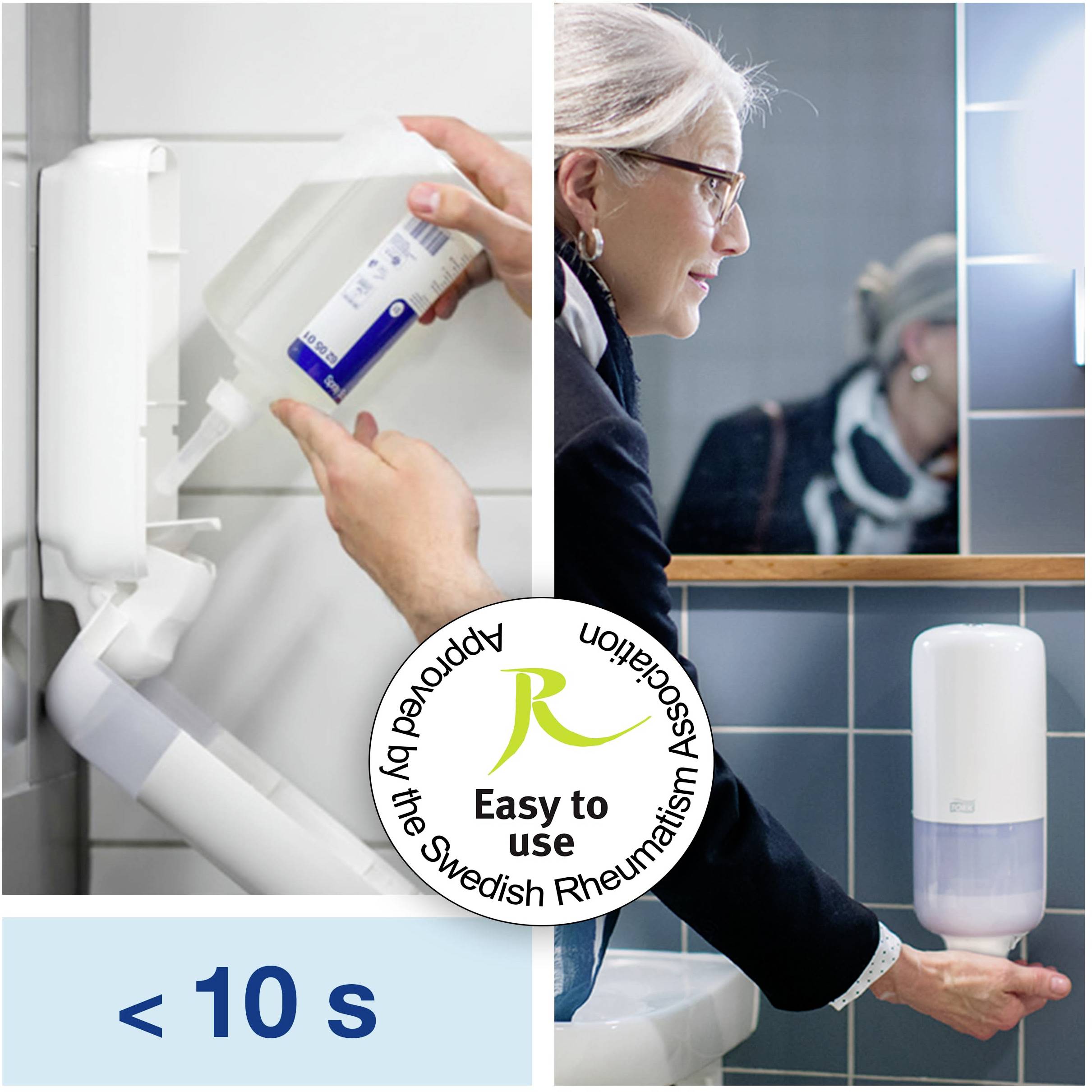 A person is refilling hand sanitiser; the sign reads 'Approved by the Swedish Rheumatism Association'.