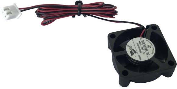 A small, black computer fan with an attached red and black cable and white plug, used for cooling purposes in computers.