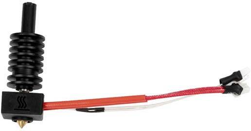 3D printer hotend with a black heatsink, red heating cable, and nozzle tip, shown from the side.