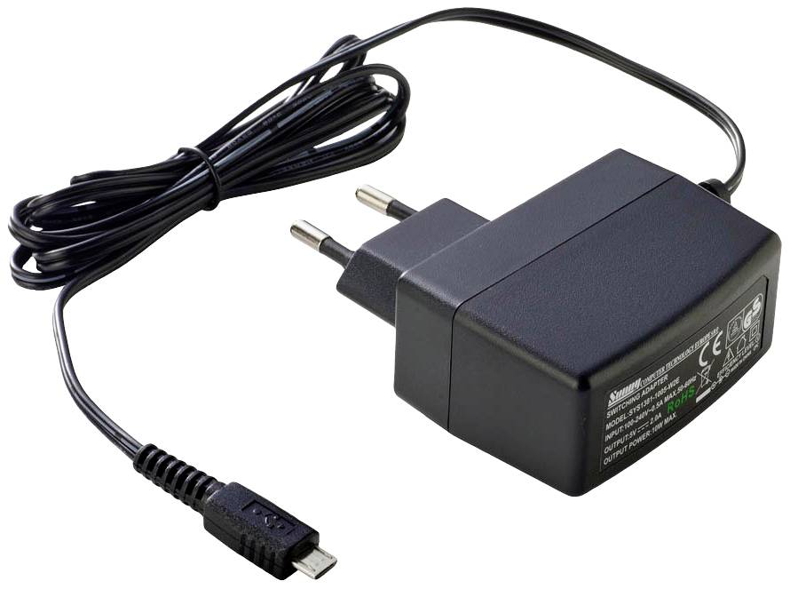Black power adapter with Euro plug and micro-USB connection, suitable for charging devices such as smartphones or tablets.