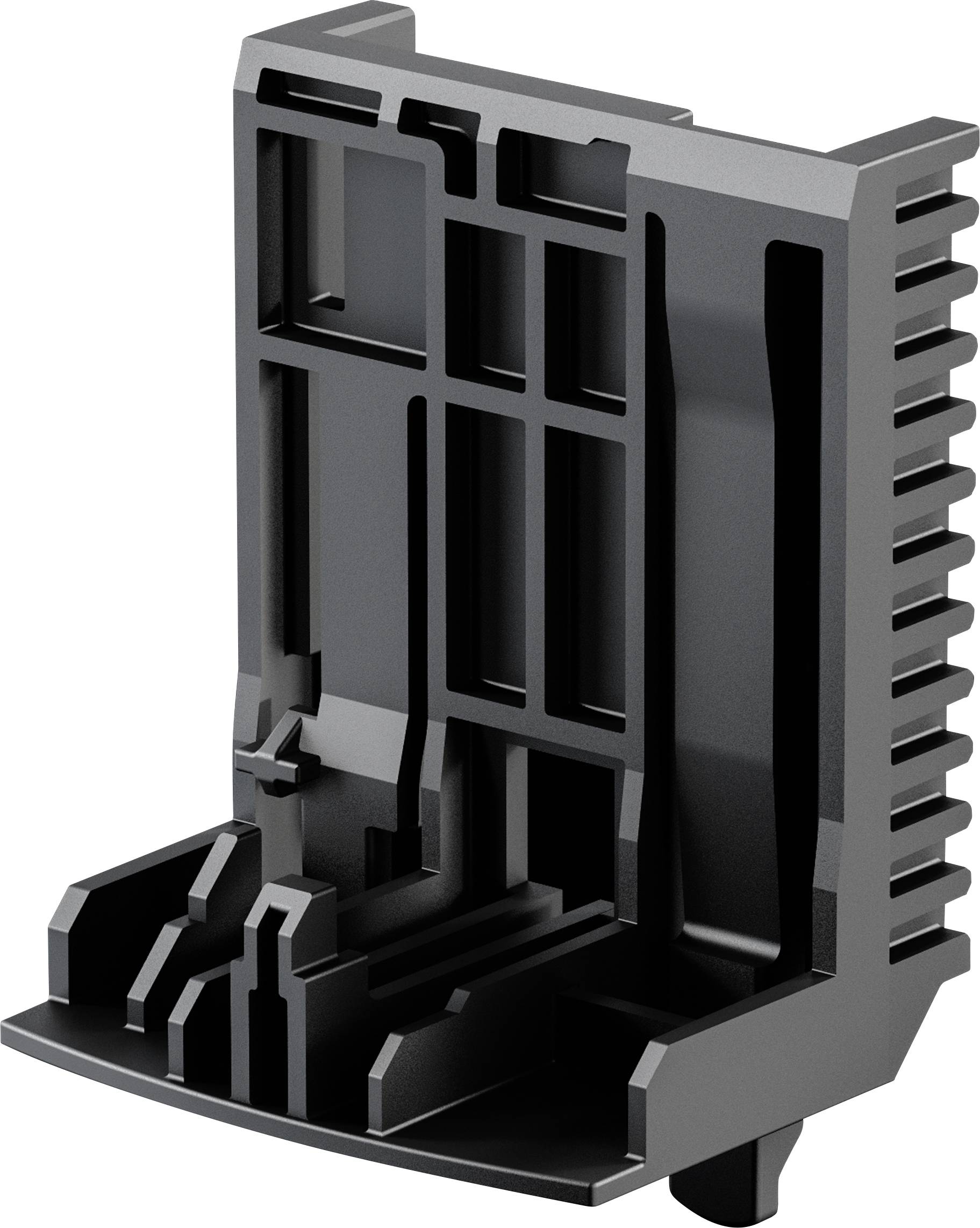 Black, rectangular plastic enclosure with multiple compartments and vertical grooves, possibly part of a technical device.