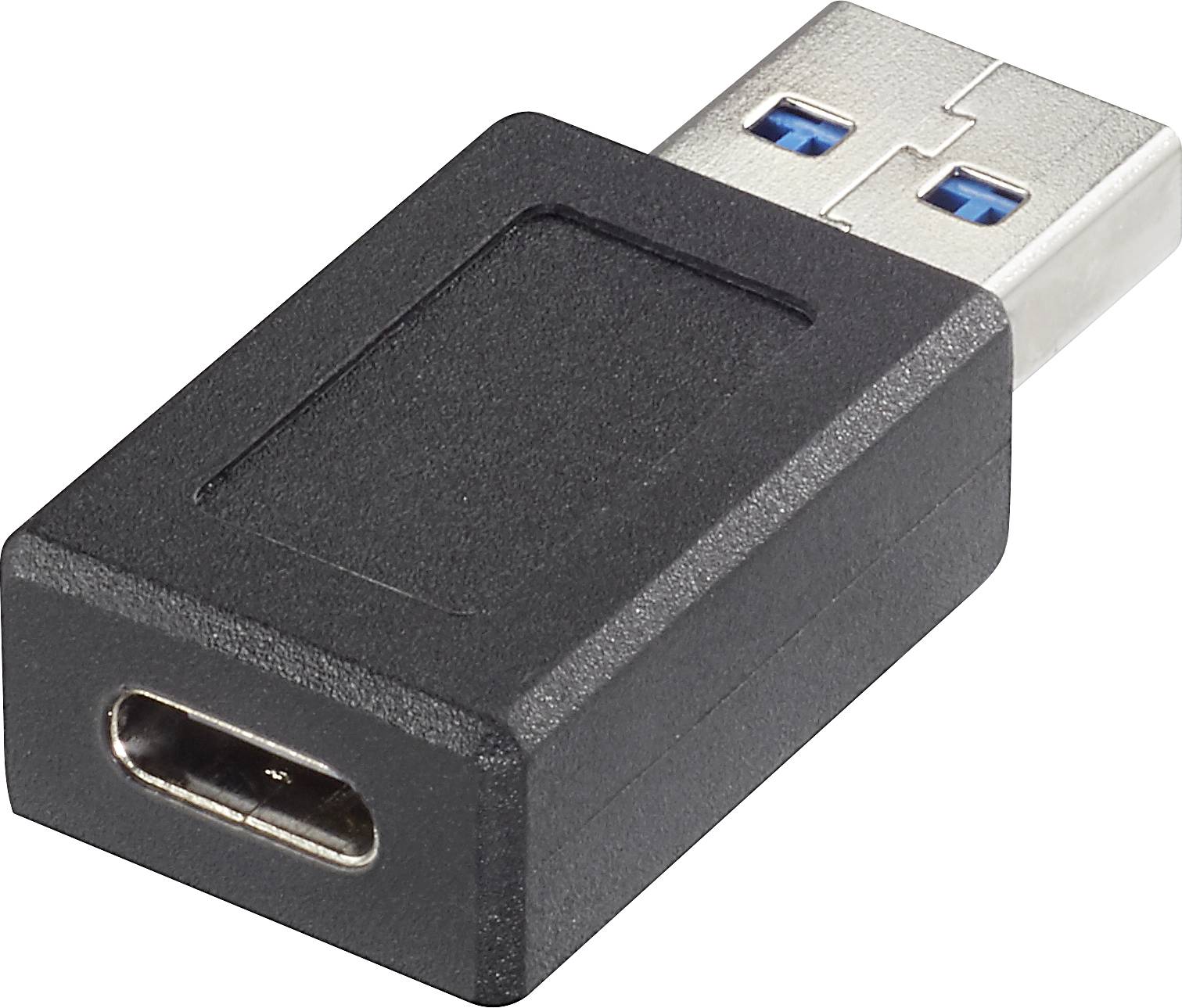 USB adapter with a USB-A plug and a USB-C socket, black, for connecting devices with different USB ports.