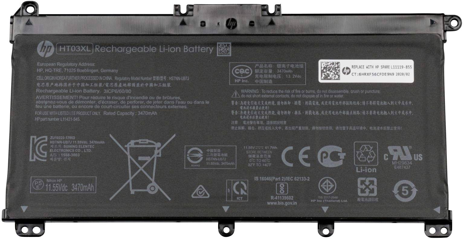 Black HP HT03XL Lithium-ion battery with technical specifications and symbols for electronic devices, model number and capacity identifiable.