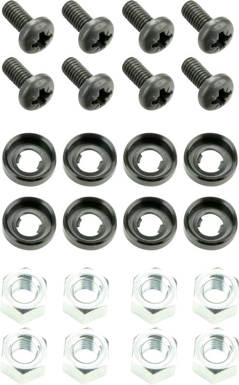 Screw set comprising eight screws, eight washers and eight nuts, symmetrically arranged in rows.
