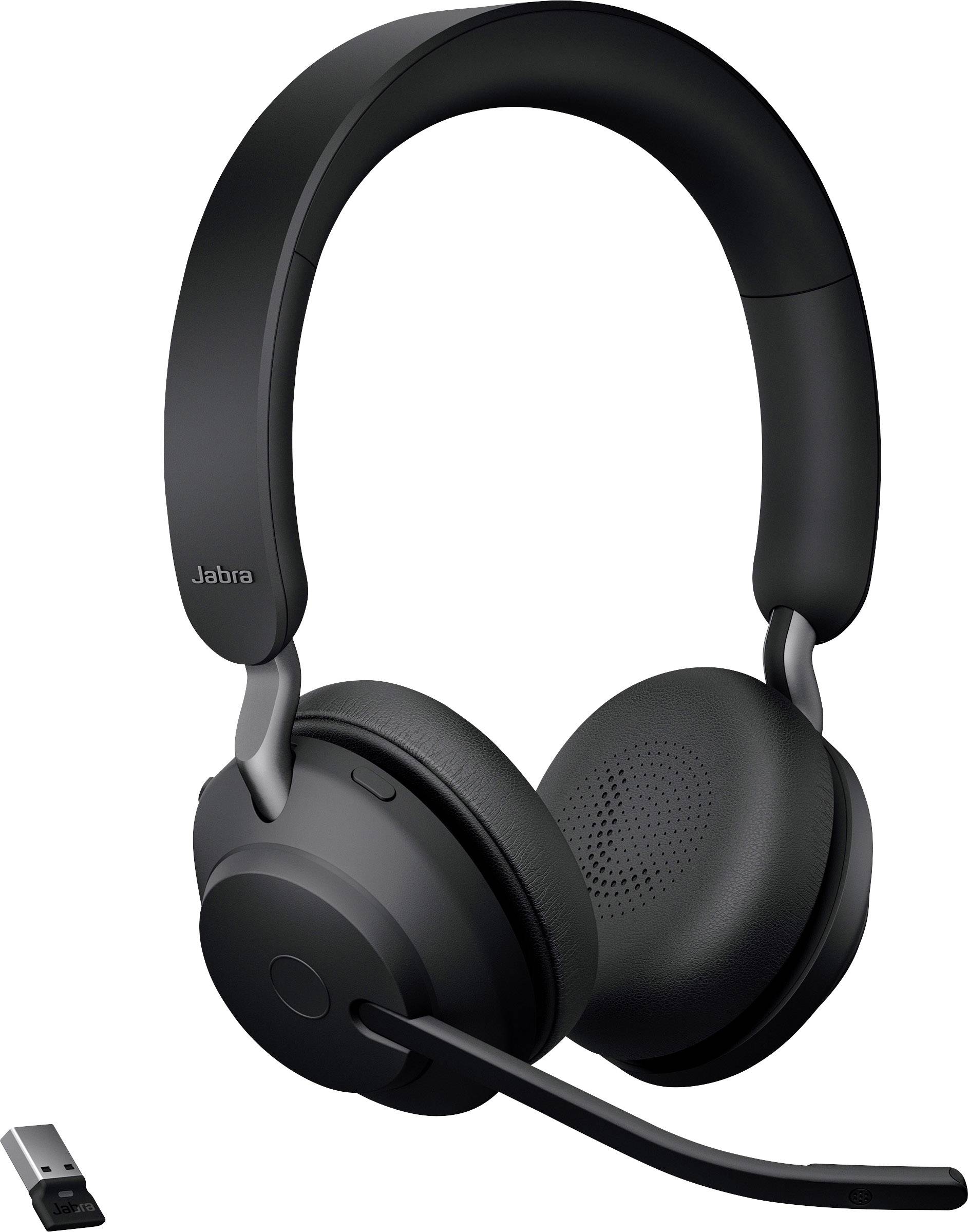 Black wireless headset with microphone arm and USB dongle, suitable for telephone calls and video conferences.