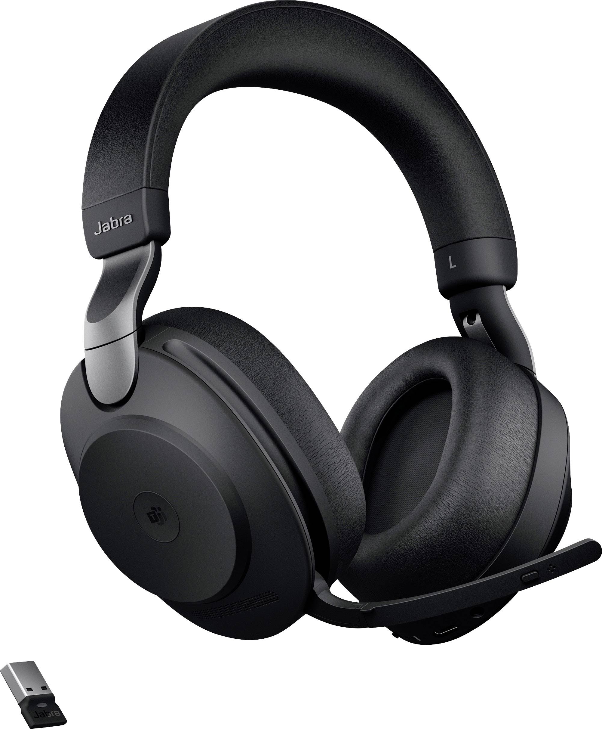 Wireless, black over-ear headset with microphone boom, accompanied by a small USB dongle. Ideal for phone calls and music.