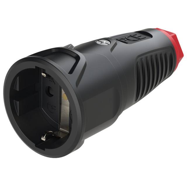 A compact, black Schuko plug with a red end and a ribbed grip for secure handling.