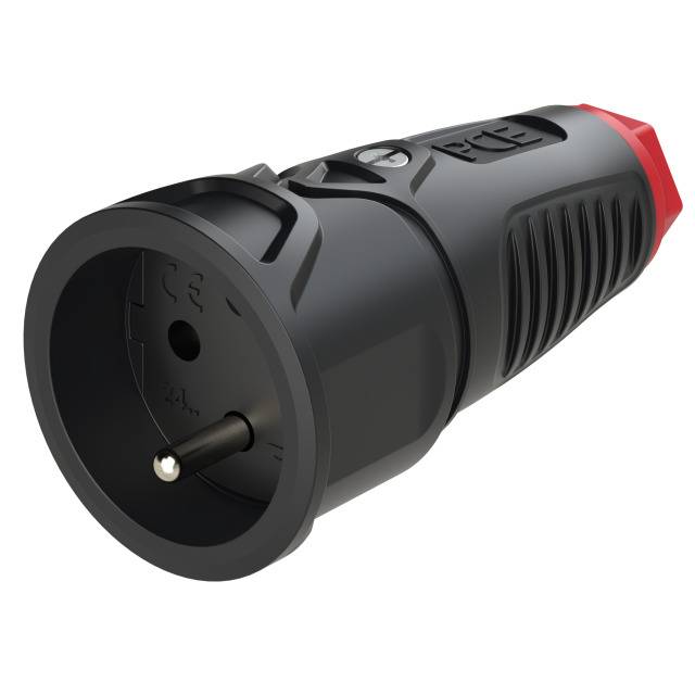 A black plug with a red tip and a ribbed grip, suitable for industrial electrical applications.