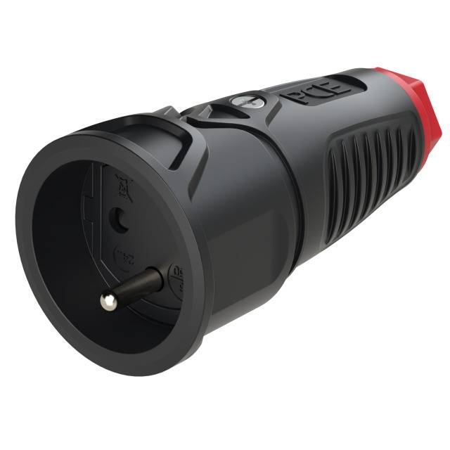 A black socket adapter with a red end and grip recesses. Suitable for standard Schuko plugs, provides a robust connection.
