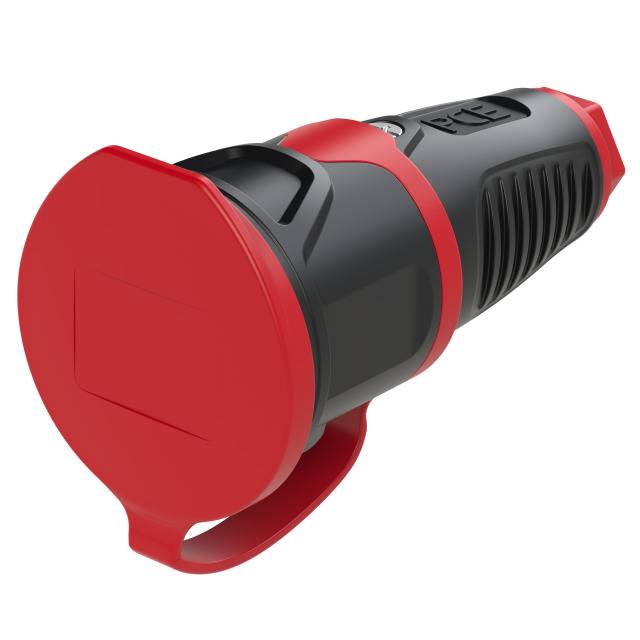 Black and red torch, cylindrical shape, with red handle, on white background.Note: In British English, 