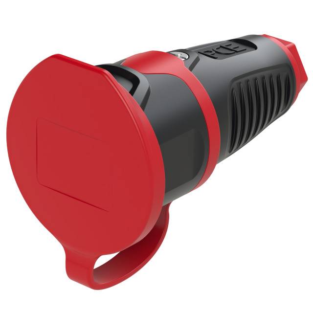 A red and black electrical connector, designed for industrial use. It has a robust handle and protective covers.
