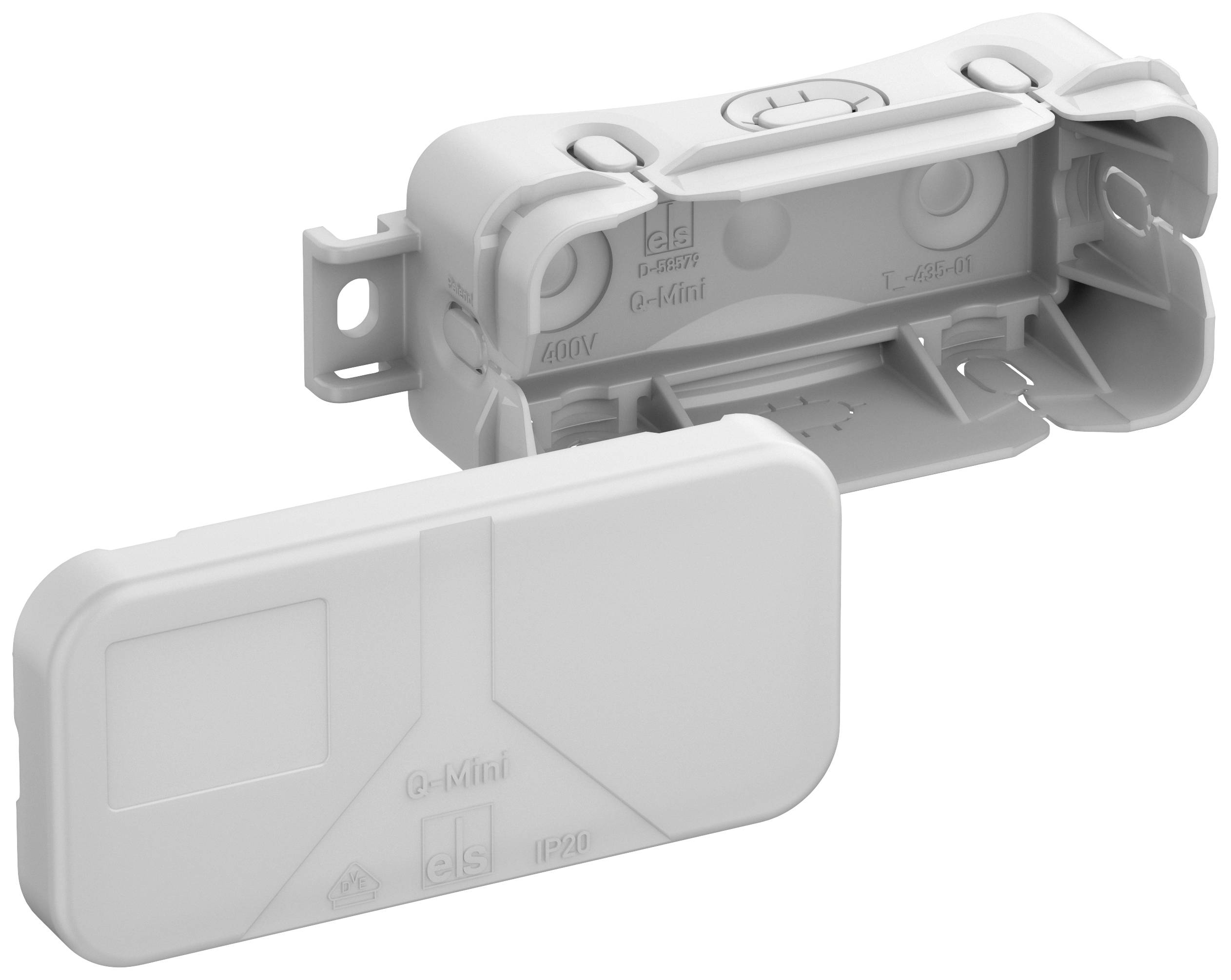 Grey-white plastic junction box with a removable lid, U-shaped construction, suitable for wall mounting, with 'G-Mini' lettering and technical specifications on the surface.