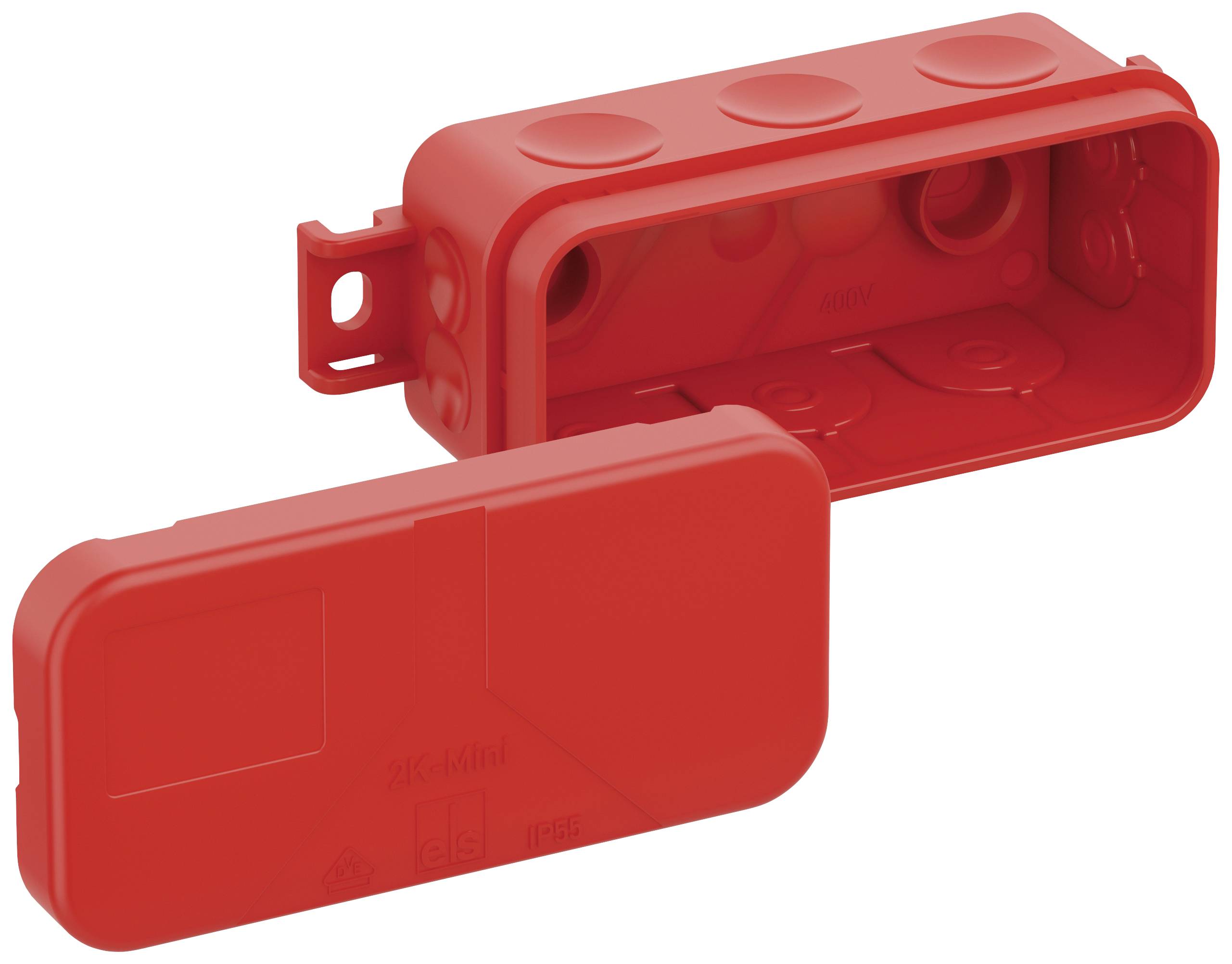 Red plastic junction box with removable lid. Suitable for electrical installations. Rectangular shape with multiple openings.