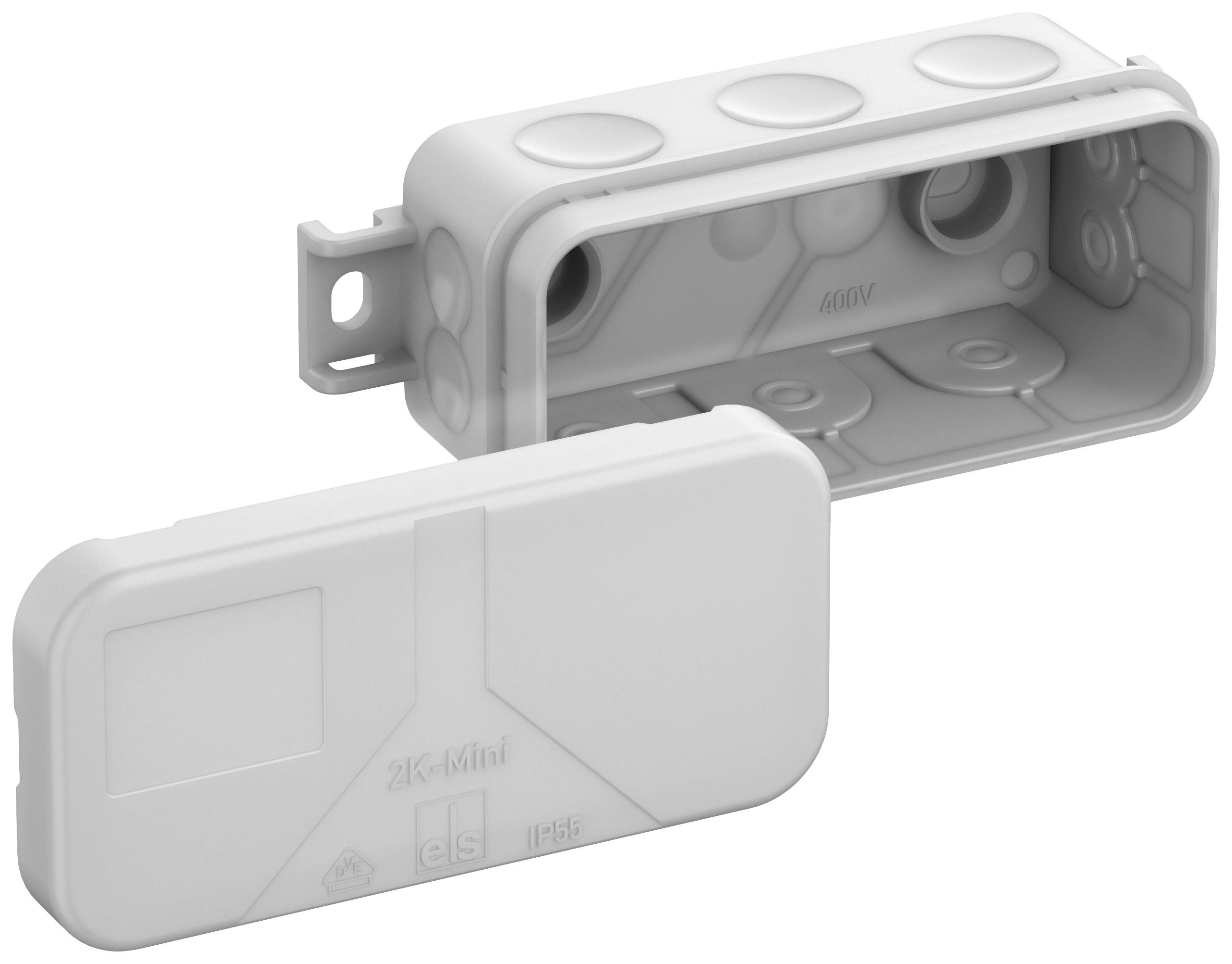 White plastic junction box with removable lid. Suitable for electrical installations, with multiple cable entry points.