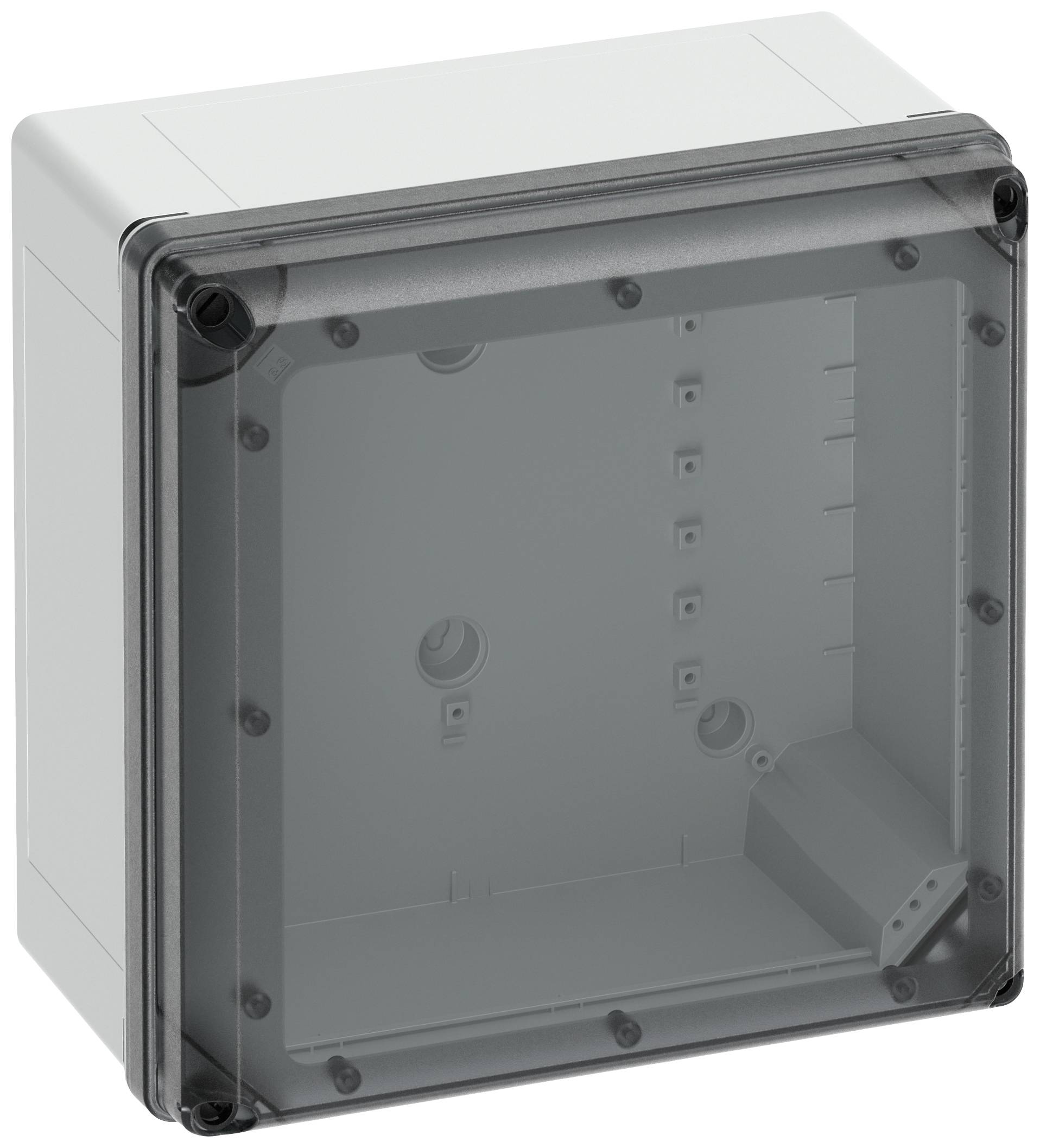 Grey, square enclosure with a transparent lid, showing empty mounting points and a removable base.