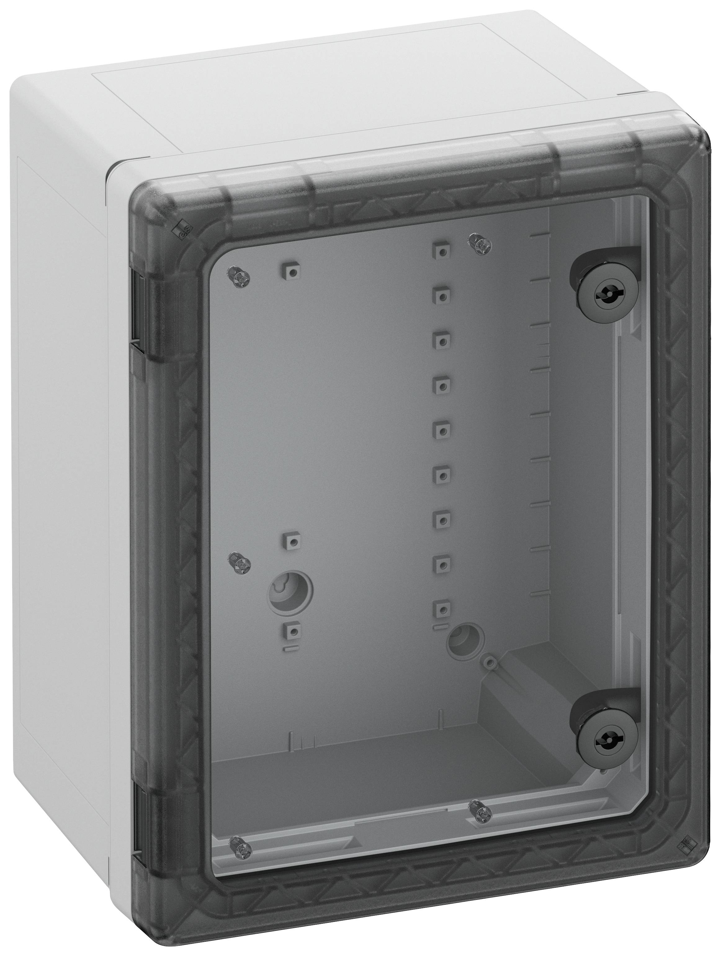 Housing with a transparent lid, for accommodating electronic or electrical components, without visible contents.