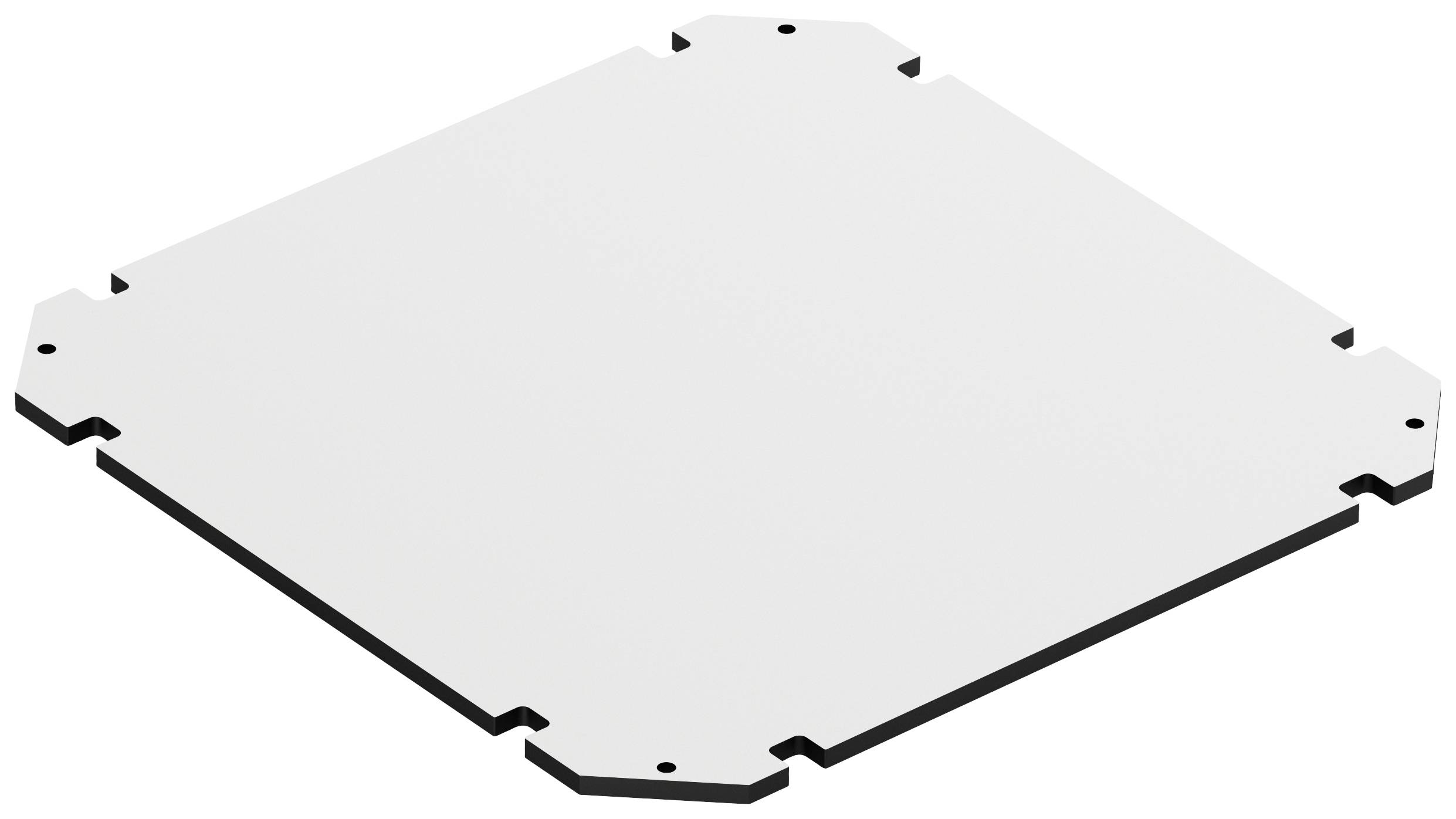White square plate with chamfered corners and small notches along the edges, on a neutral background.