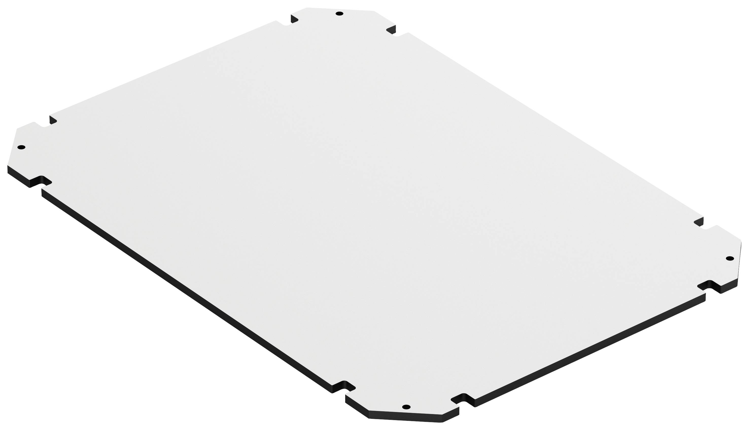 Rectangular, flat metal plate with chamfered corners.