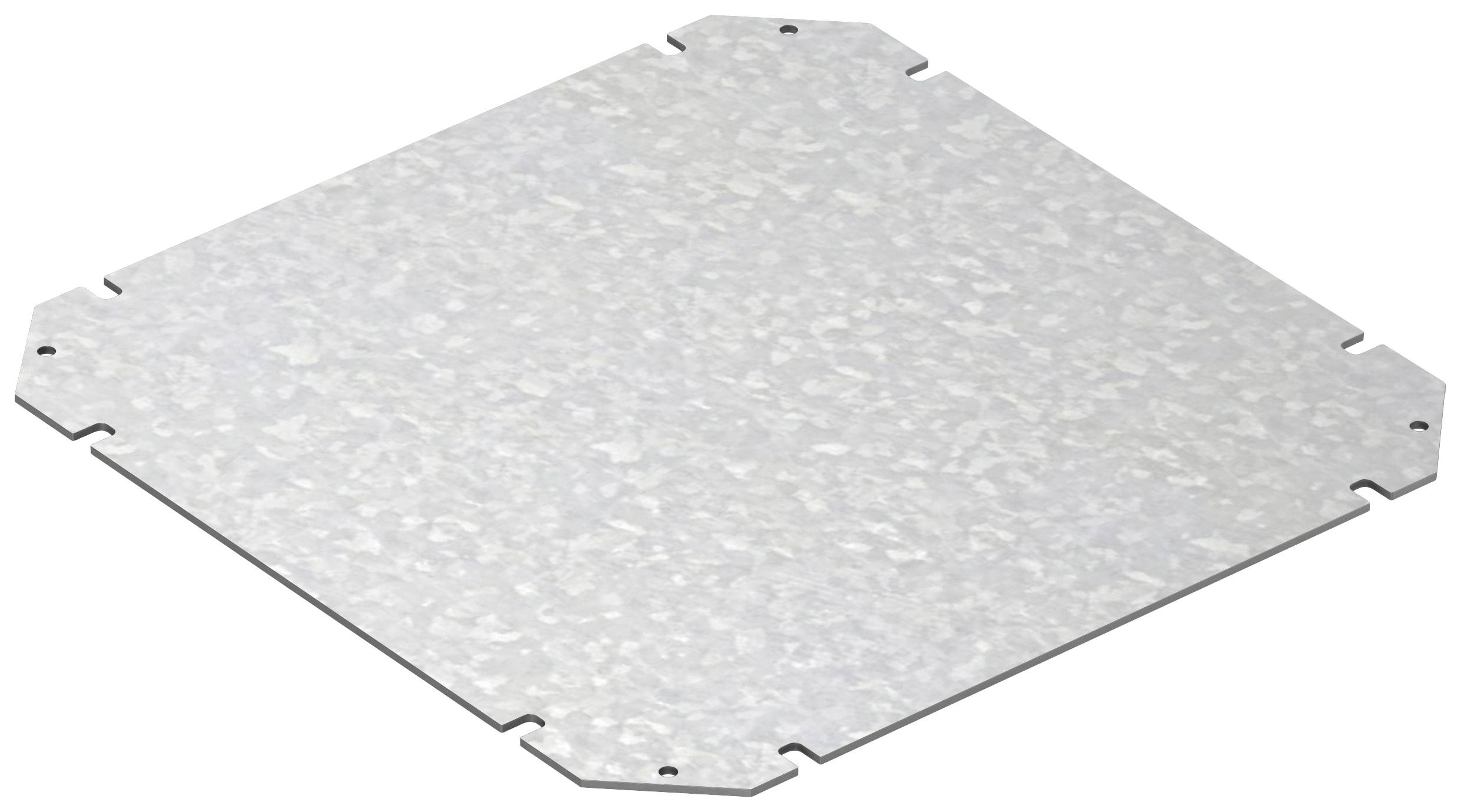 Metal plate with rounded corners and small indentations on each side. Matte grey, uneven surface.