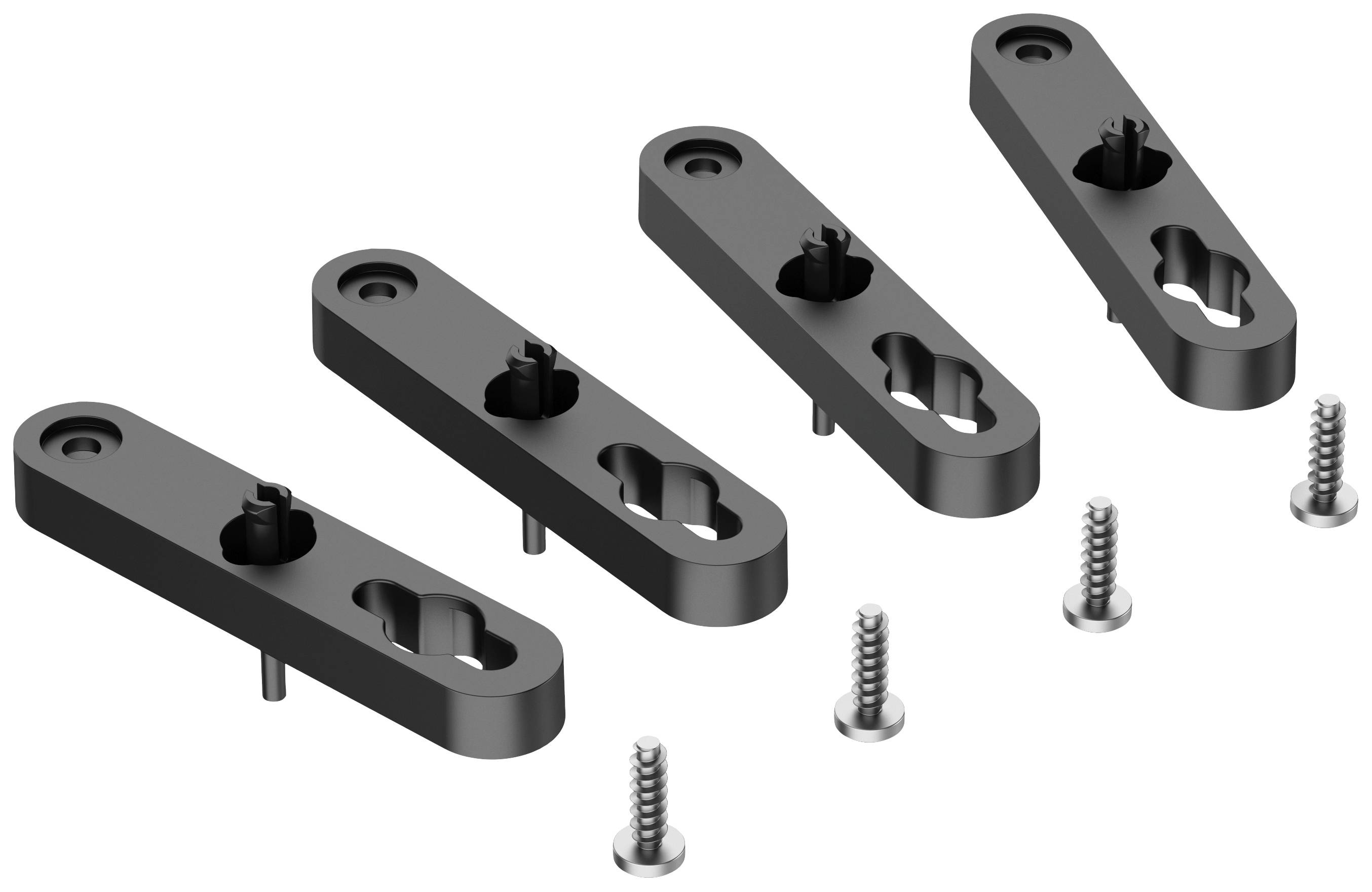 Four black mounting brackets, each with two drill holes, and four corresponding metal screws.