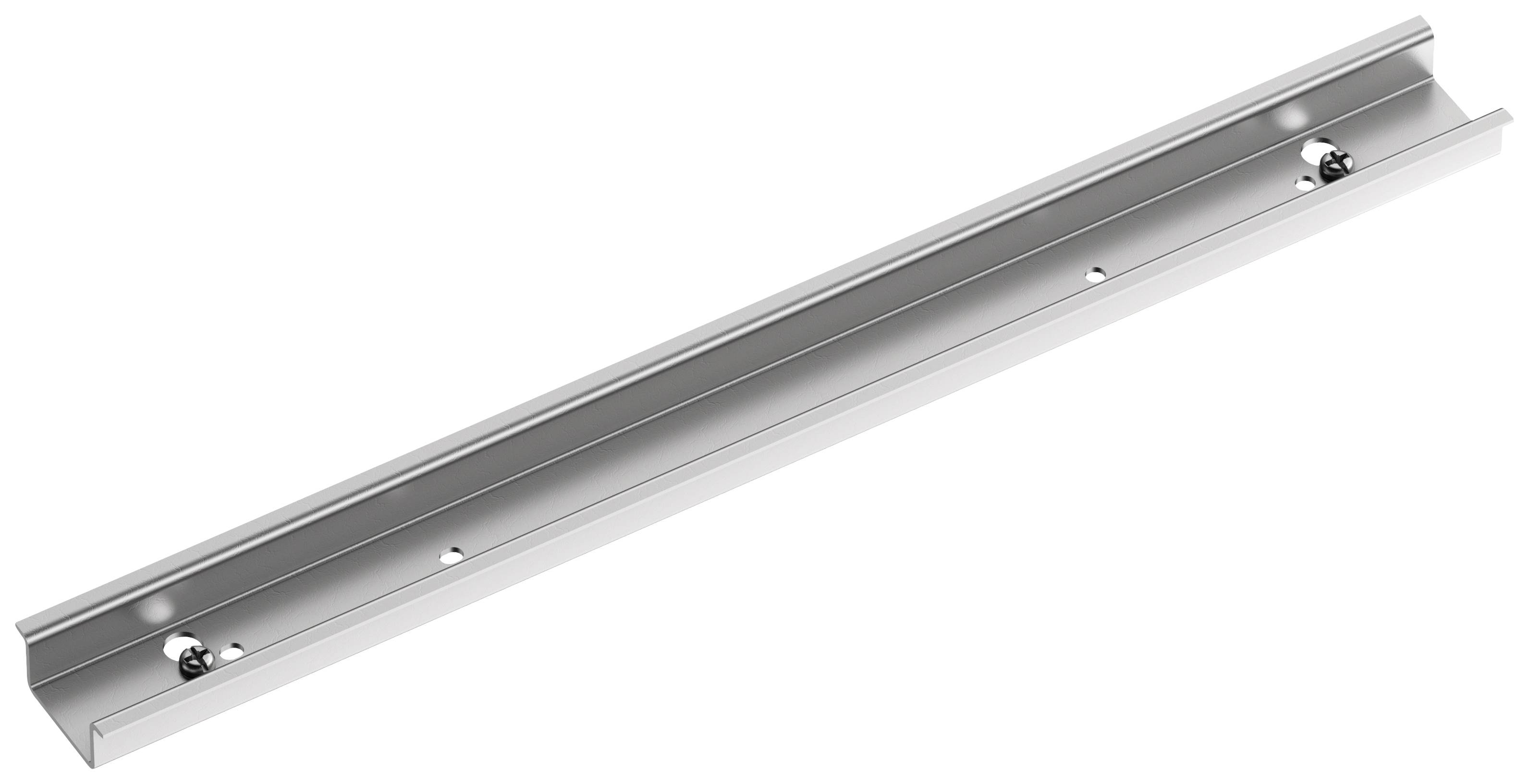 Metal rail with drilled holes, suitable for fixing to a surface, silver colour.