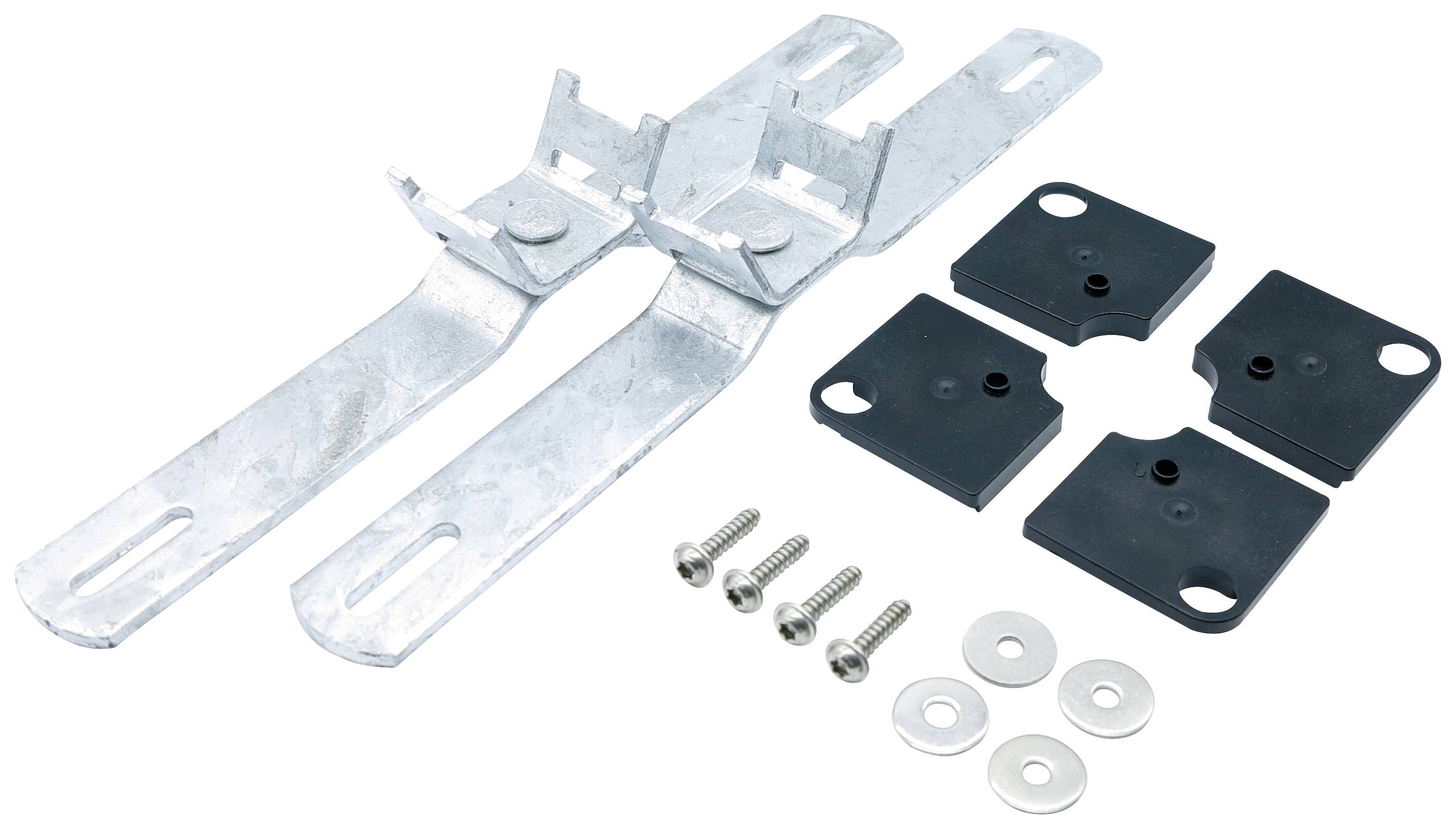 Metal mounting set with two flat, silver-coloured brackets, four black plastic components, four screws and two washers.