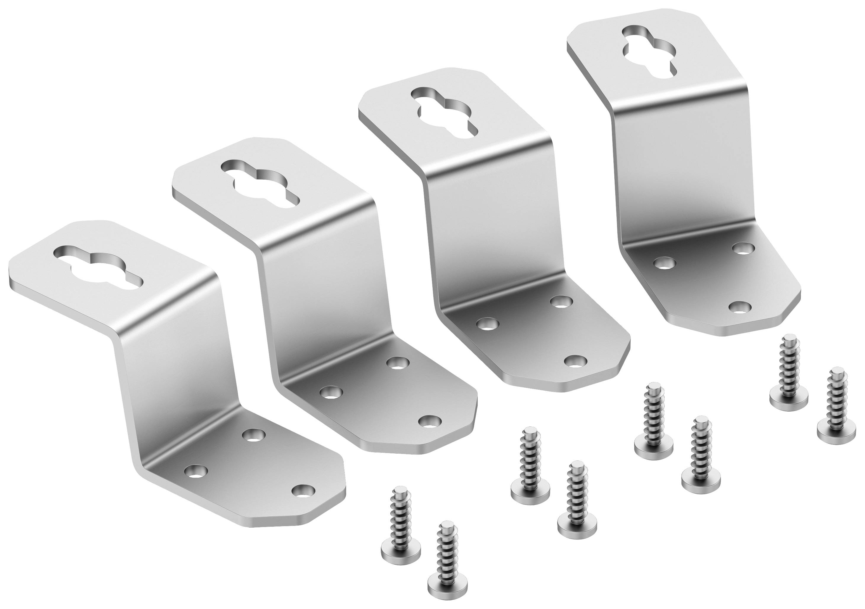 Four silver metal angles and four screws. The angles each have three holes, and the screws are intended for fastening.